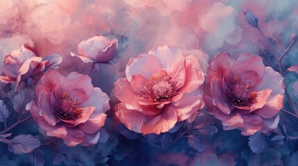 Ethereal flowers in shades of pink and blue with a dreamy atmosphere.