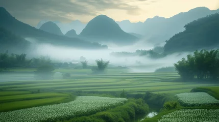 Keuken foto achterwand Guilin In the spring morning, the mature paddy field scenery, the white fog on the field. Generative AI.