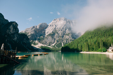 Boats in the calm water of the mountain Lake Braies