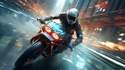 Fototapeta premium A high-speed racing bike racing through a cityscape of floating, crystalline structures.