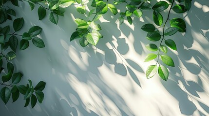  leafy branches casting shadows on a white surface.