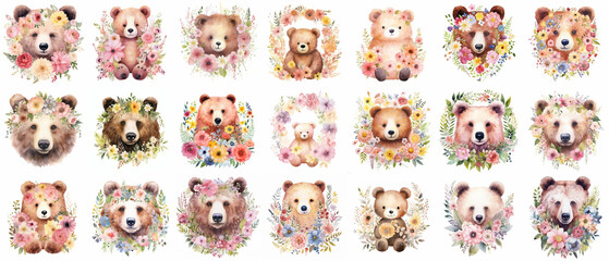 Enchanting Bear Collection with Floral Wreaths - Delicate Watercolor Set for Decor and Gifts"
