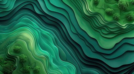 Stylized green topography with tree elements creating an ecological artwork. - obrazy, fototapety, plakaty
