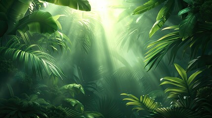 Enchanted jungle scene with rays of light piercing through dense leaves.