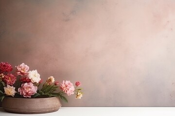 Fototapeta na wymiar retro background with peonies in vintage style with free space for inscriptions. antique wall with scuffs in shabby chic style. summer spring laconic natural background