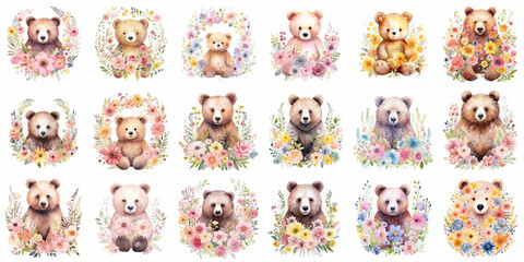 Obraz premium Adorable Bears Surrounded by Watercolor Floral Wreaths Collection Set
