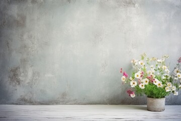 Fototapeta na wymiar retro background with small summer colorful flowers in vintage style with free space for various inscriptions. antique wall with scuffs in shabby chic style. summer spring laconic natural background