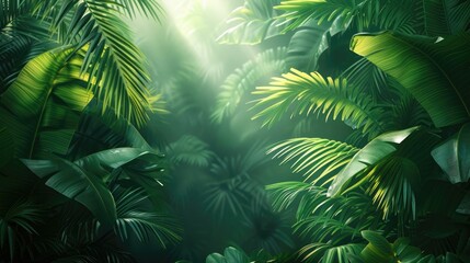 Tranquil sunlight filters through the lush greenery of a tropical jungle.