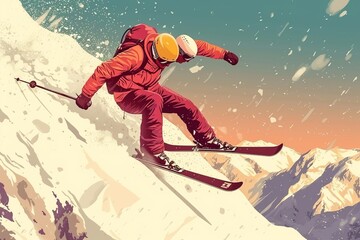 Fototapeta na wymiar Man Riding Skis Down Snow-Covered Slope
