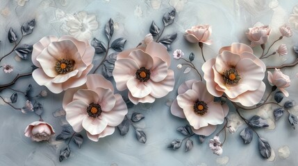 Soft pink flowers with dark centers on a textured background.