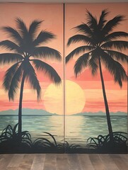 Silhouetted Palm Beaches: Vintage Landscape Wall Art and Beach Scene Painting