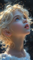 Portrait of beautiful caucasian girl with curled blonde hair. Pure beauty of young woman. Ai generated illustration. Profile view.