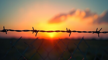 A line of barbed wire fencing, its silhouette crisp against the fading light of a setting sun. Generative AI. - obrazy, fototapety, plakaty