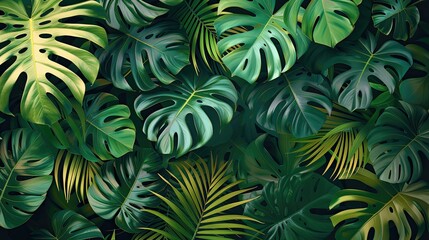 Lush tropical monstera and palm leaves with vibrant green tones.