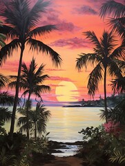 Fototapeta na wymiar Tropical Beach Art: Silhouetted Palms Scenic Vista & Nature Artwork
