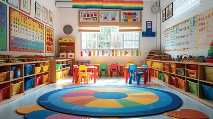 A kindergarten classroom, bursting with vibrant colors, white walls serving as a canvas for children's drawings. Generative AI.