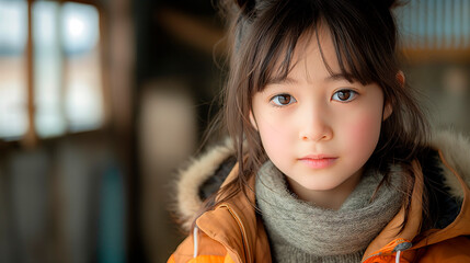Retrato de ni&ntilde;a japonesa joven, morena de ojos negros, primer plano, con fondo desenfocado