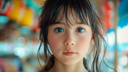 Retrato de niña japonesa joven, morena de ojos negros, primer plano, con fondo desenfocado