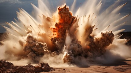 Fototapeta premium Explosion erupts, swirling sand and smoke. Dramatic background sky heightens the scene.