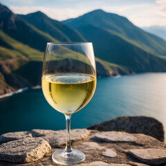 A glass of white wine on a stone against the background of a lake and mountains. Generative AI