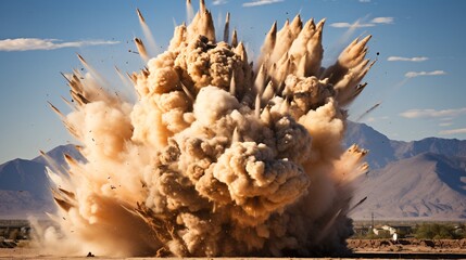 Explosion erupts, swirling sand and smoke. Dramatic background sky heightens the scene.