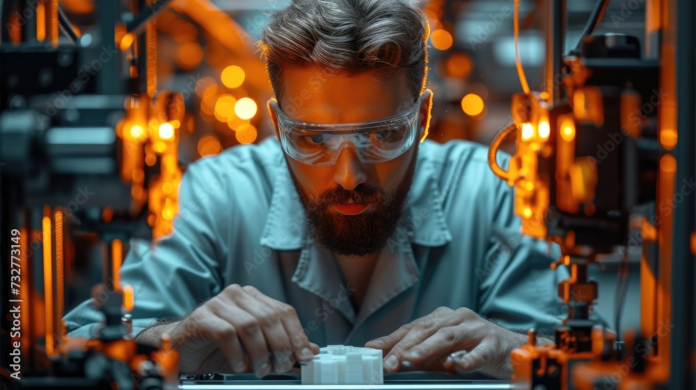 Poster Engineer tuning 3d printer in the factory. Generative AI.