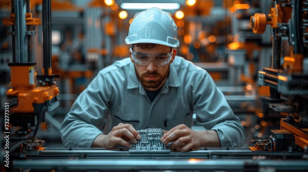 Aufkleber engineer tuning 3d printer in the factory. generative ai.