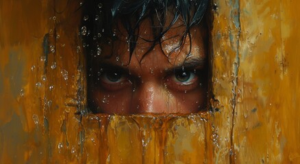 A mesmerized man peers through a worn hole in a decaying wall, captivated by the delicate portrait of a girl's piercing eyes that adorn the gritty surface like a masterpiece of street art