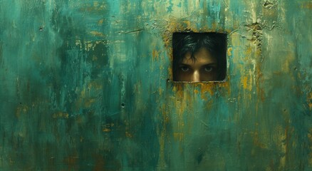 A curious individual peers through a vibrant turquoise hole in the wall, revealing an abstract world of artistic expression