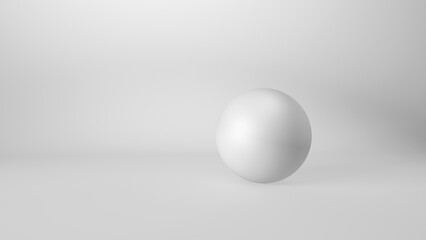 Minimalist design of a sphere in an empty white room. 3D rendering illustration with free space for text.