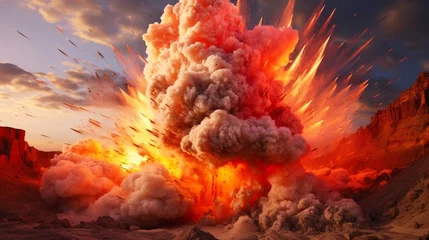 Fotobehang Raging detonation shakes the desert landscape. Awesome sky adds drama to the explosion. © IgitPro