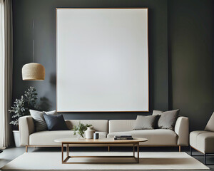 home interior poster mock up in modern living room with sofa