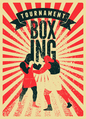 Boxing Tournament typographical vintage grunge style poster design with boxer silhouettes. Two boxers are fighting. Retro vector illustration.