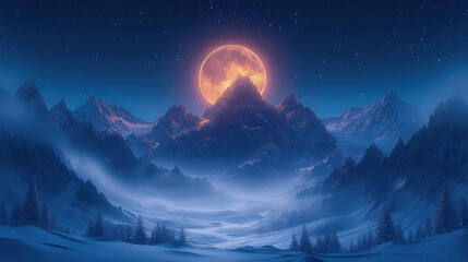 Calming night mountains with big moon sky. Generative AI.
