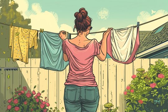 Woman Hanging Out Clothes on a Line