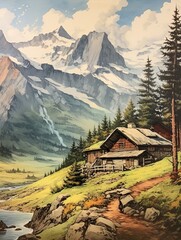 Fototapeta na wymiar Snow-Capped Nature Print: Alpine Lodges, Vintage Art for Countryside Decor