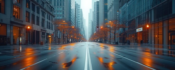 An empty city street with tall buildings. Generative AI.