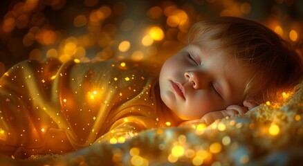 An innocent child slumbers peacefully, surrounded by a warm glow of light, their angelic face a portrait of pure serenity