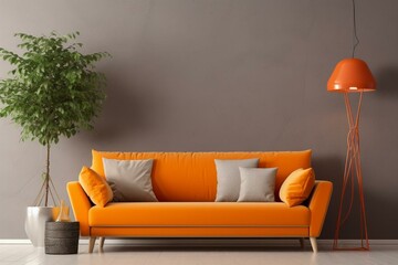 Bright and inviting space with an orange wall, gray sofa, vintage door, contemporary lamp, and a plant vase. Generative AI - obrazy, fototapety, plakaty