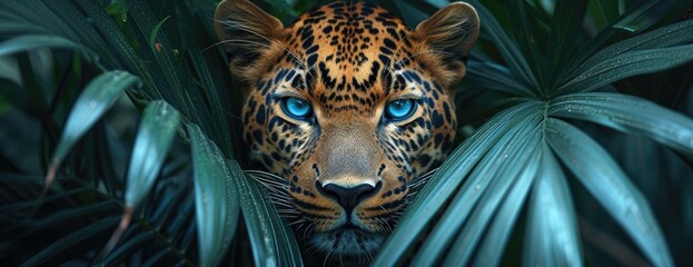 portrait of leopard gazing through palm leaves with blue eyes