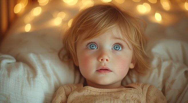 A playful toddler rests on a bed, her cherubic face adorned with a toy doll as her soft skin glows in the indoor light, framed by her tousled hair and captivating iris