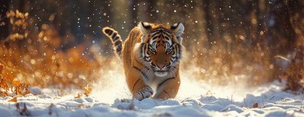 Winter's Young Predator: Tiger Cub Dashing Through Snow, A Burst of Youthful Energy in a Pristine White Landscape.