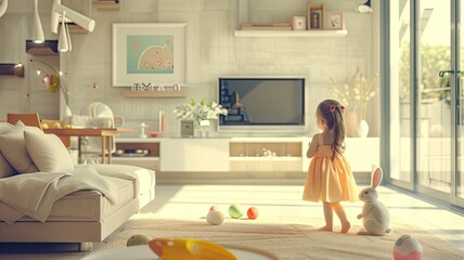 a little girl cradles an Easter bunny in a sleek, living room, where the contrast between the timeless symbol of the bunny and the contemporary style of the setting is strikingly evident.