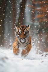 Winter's Young Predator: Tiger Cub Dashing Through Snow, A Burst of Youthful Energy in a Pristine White Landscape.