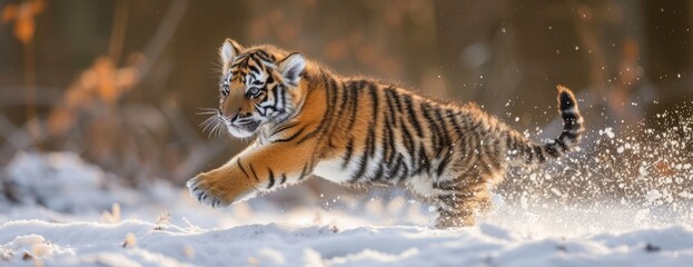 The Delightful Dash of a Tiger Cub Across a Snow-Covered Field, Embodying the Joy of Winter's Touch.