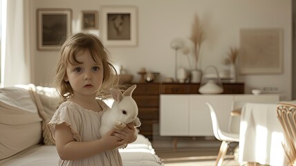 a little girl cradles an Easter bunny in a sleek, living room, where the contrast between the timeless symbol of the bunny and the contemporary style of the setting is strikingly evident.