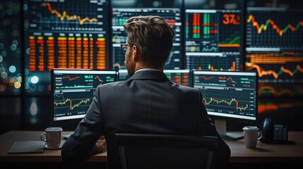 Business finance technology and investment concept, Businessman, Professional Financial Data Analysts Working in a Modern Monitoring Office. Generative AI.