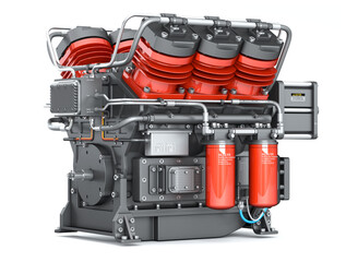 V6 diesel engine with red cylinders. Concept of a motor or compressor with equipment and tubes. 3d illustration