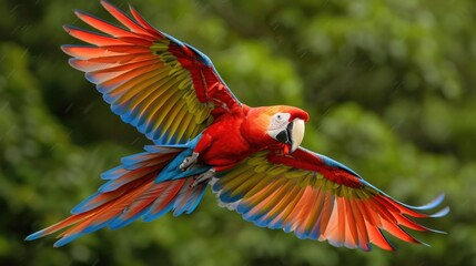 A Brightly Feathered Macaw Glides Through Twilight, Green Trees Whispering Below.