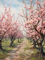 Spring Peach Orchard Scene: Blossoming Trees, Vintage Art Delighting in Nature's Beauty